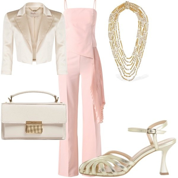 Outfit donna - Matrimonio in rosa. Stile Glamour per Cerimonia. Abbinamento con bolero, tute, sandali col tacco, collane, borse a mano.