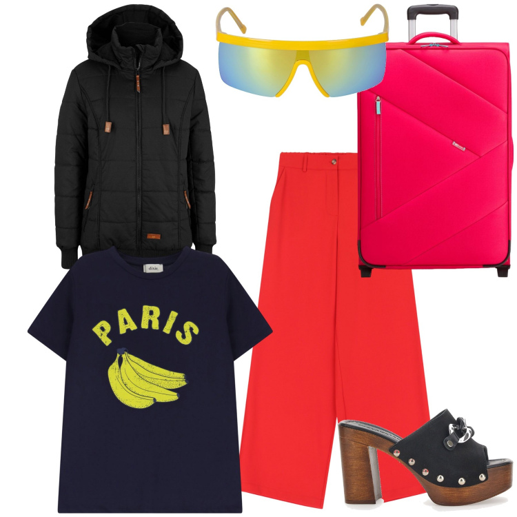 Outfit donna - Paris j arrive. Stile Trendy per Tutti i giorni. Abbinamento con blazer, pantaloni a palazzo, t-shirt, zoccoli, occhiali da sole, valigie.