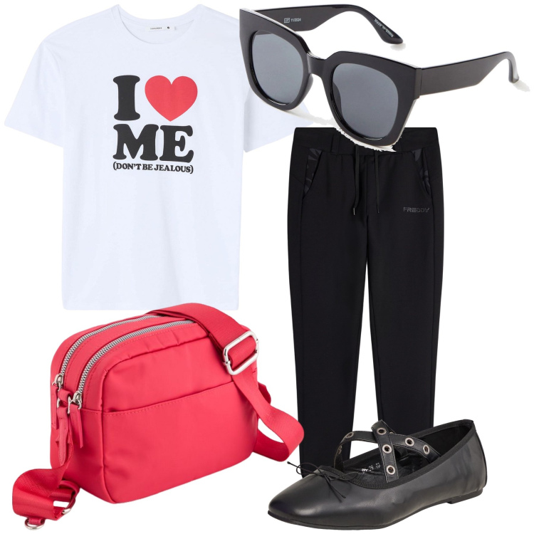 Outfit donna - Autostima. Stile Casual chic per Tutti i giorni. Abbinamento con occhiali da sole, t-shirt, ballerine, pantaloni, borse a tracolla.