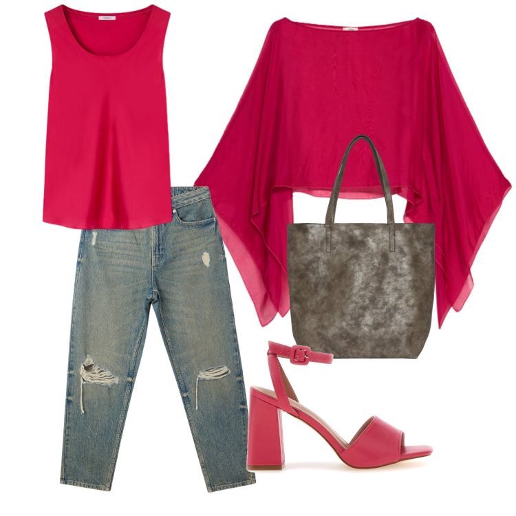 Outfit donna - Rosso di sabato. Stile Glamour per Serata fuori. Abbinamento con shopping bag, jeans mom, sandali col tacco, top, bolero.