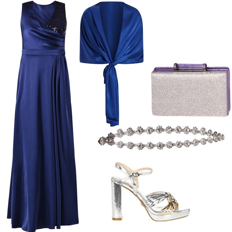 Outfit donna - Blu night. Stile Glamour per Serata fuori. Abbinamento con sandali in pelle, vestiti lunghi, pochette, stole, cinture.