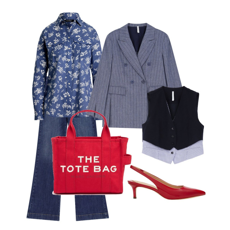 Outfit donna - Righe e Fiori. Stile Casual chic per Tutti i giorni. Abbinamento con blazer, gilet, jeans a zampa, camicie, décolleté, shopping bag.