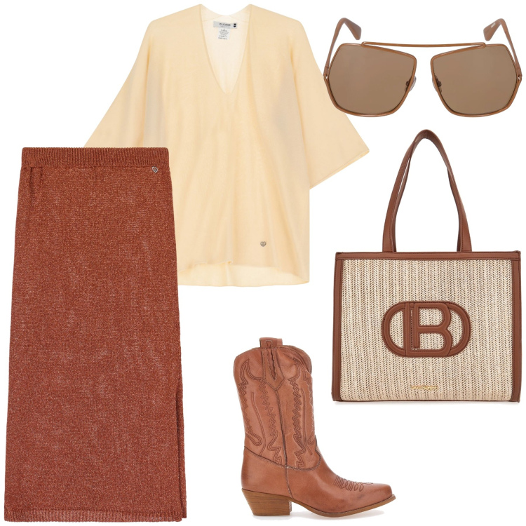 Outfit donna - Total look. Stile Urban per Tutti i giorni. Abbinamento con gonne longuette, maglieria, stivaletti, borse a spalla, occhiali da sole.