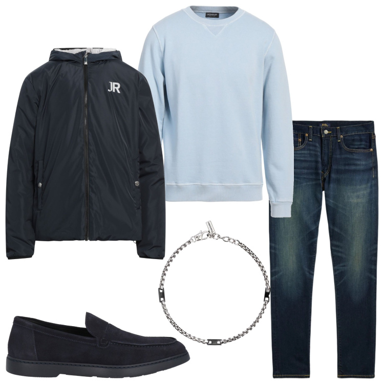 Outfit uomo - Aperitivo con i colleghi. Stile Casual per Serata speciale. Abbinamento con scarpe stringate, giacche, felpe, braccialetti, jeans.