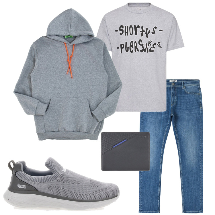 Outfit uomo - Casual style. Stile Casual per Tutti i giorni. Abbinamento con jeans skinny, sneakers, felpe con cappuccio, portafogli, t-shirt.