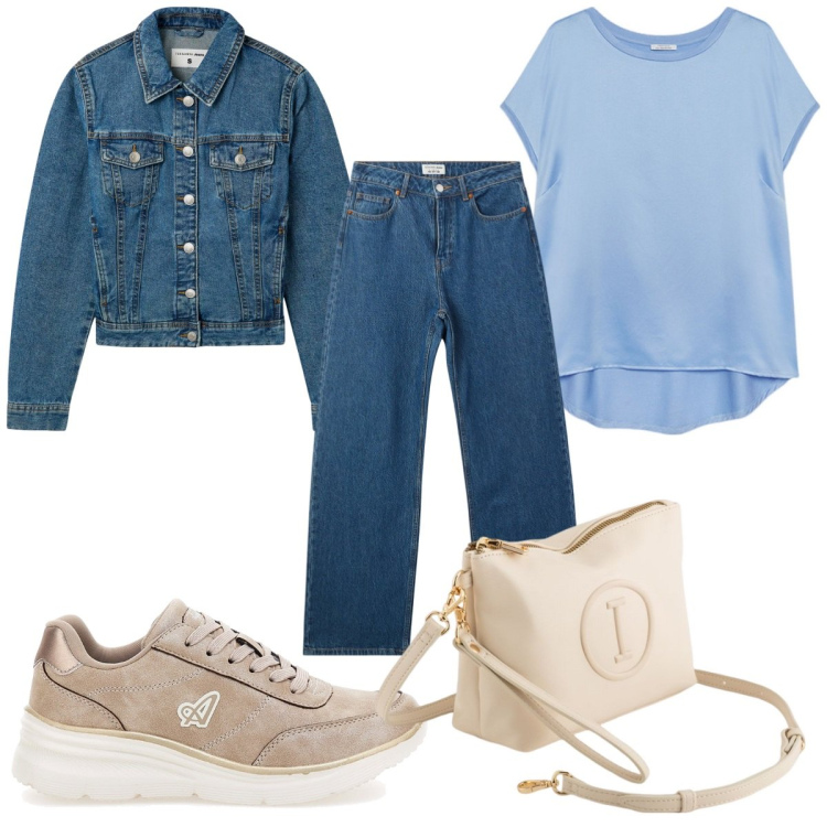 Outfit donna - Azzurro cielo: in jeans. Stile Trendy per Tutti i giorni. Abbinamento con blazer, jeans, sneakers, bluse, valigie.