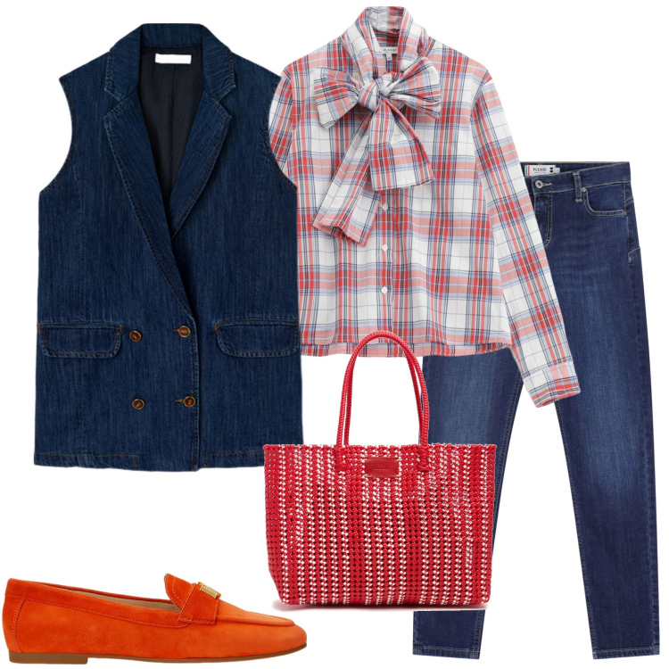 Outfit donna - Camicia con il fiocco. Stile Casual chic per Serata fuori. Abbinamento con camicie, jeans skinny, mocassini, shopping bag, gilet.