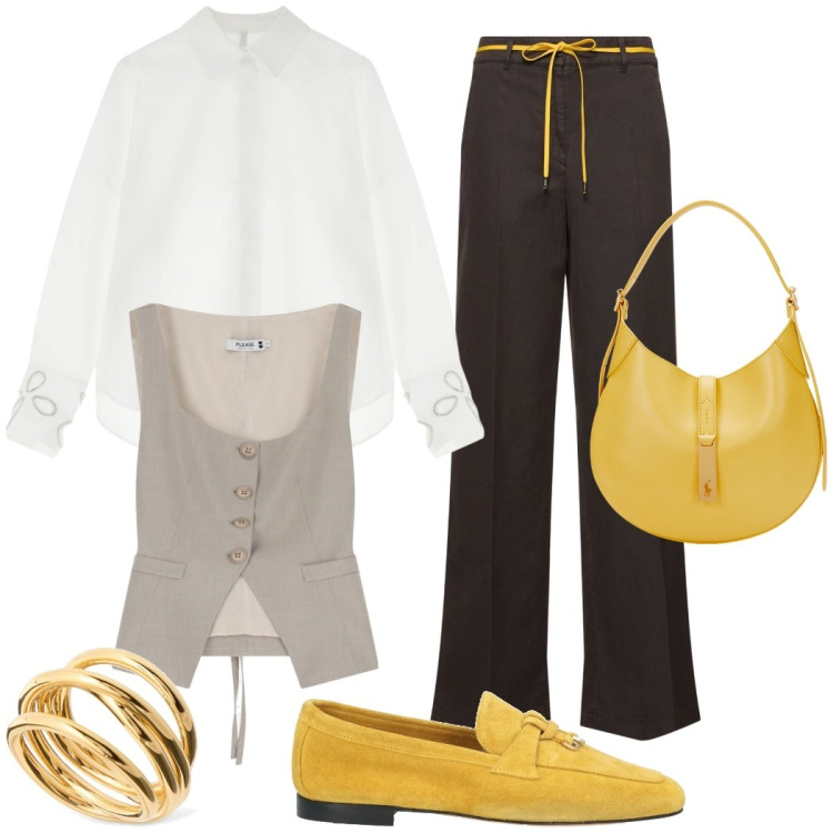 Outfit donna - Il giallo che illumina. Stile Chic per Ufficio. Abbinamento con mocassini, gilet, camicie, borse a spalla, anelli, pantaloni.