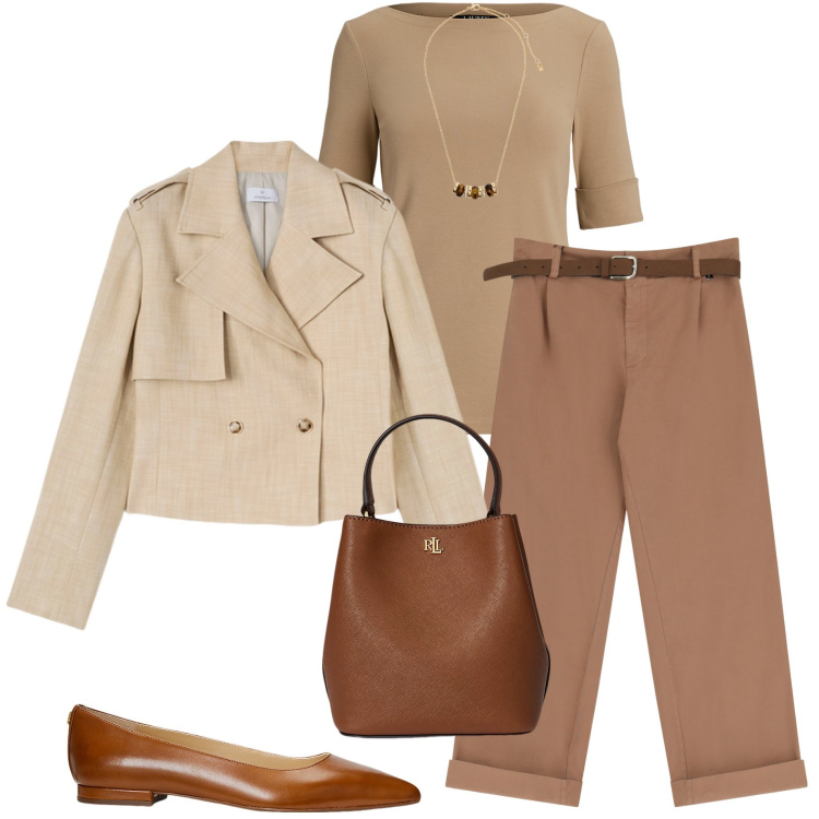 Outfit donna - In città. Stile Casual chic per Tutti i giorni. Abbinamento con pantaloni chino, ballerine, collane, borse a secchiello, t-shirt, blazer.