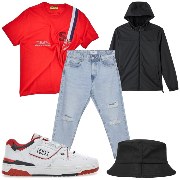 Outfit uomo - Total look #2105514. Stile Trendy per Tutti i giorni. Abbinamento con cappelli, giacche, jeans strappati, t-shirt, sneakers.