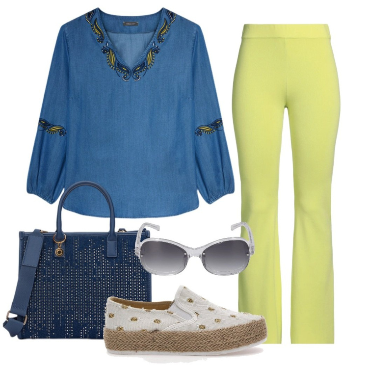 Outfit donna - Blu e giallo lime da giorno. Stile Casual chic per Tutti i giorni. Abbinamento con pantaloni, bluse, espadrillas, borse a mano, occhiali da sole.