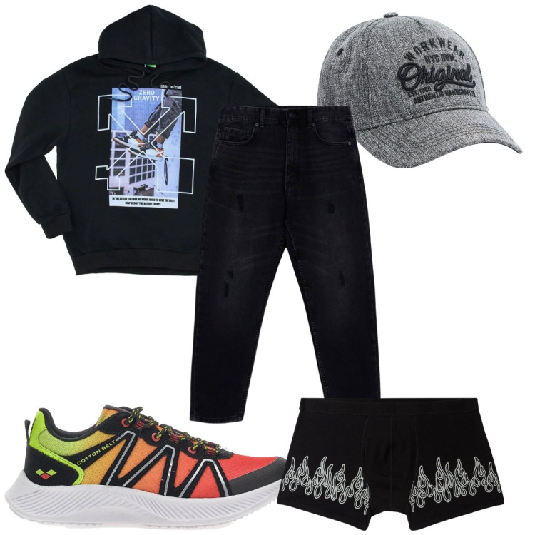 Outfit uomo - Total look #2105526. Stile Urban per Tutti i giorni. Abbinamento con cappelli, boxer, jeans strappati, sneakers, felpe con cappuccio.
