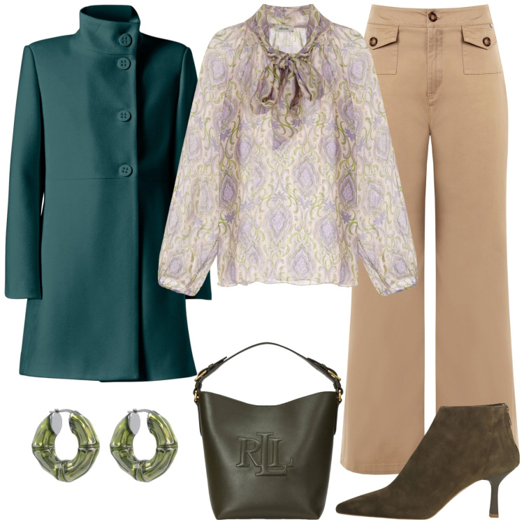 Outfit donna - Cappotto primavera. Stile Casual chic per Tutti i giorni. Abbinamento con cappotti, pantaloni, stivaletti, bluse, borse a secchiello, orecchini.