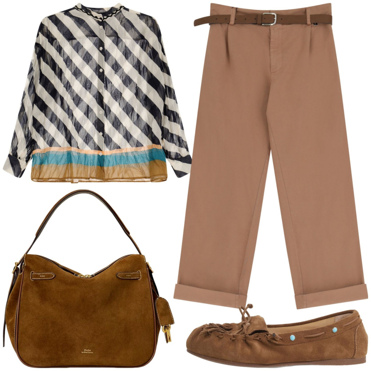 Outfit donna - Righe in ogni direzione. Stile Casual chic per Tutti i giorni. Abbinamento con pantaloni chino, camicie, mocassini, borse a mano.