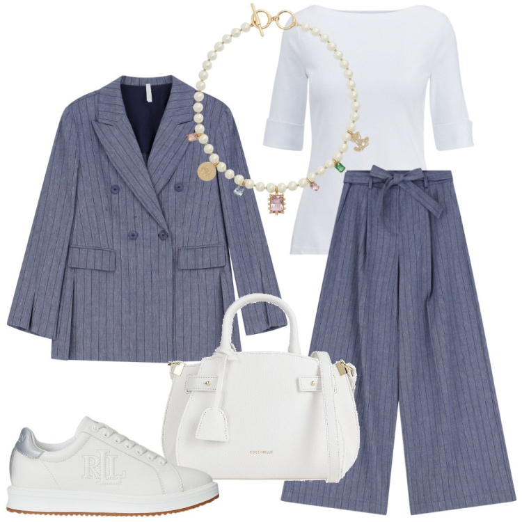 Outfit donna - Completo a righe e t-shirt urban style. Stile Casual chic per Tutti i giorni. Abbinamento con borse a mano, pantaloni, blazer, sneakers, t-shirt, ciondoli.