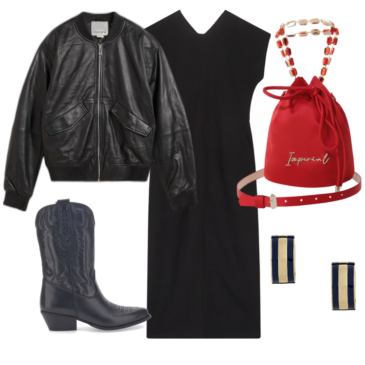 Outfit donna - Tubino nero e texano. Stile Boho per Serata fuori. Abbinamento con bomber, borse a secchiello, orecchini, stivaletti texani, vestiti lunghi.