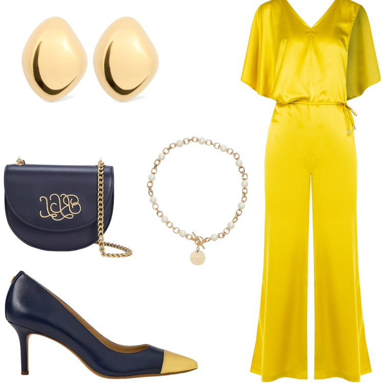 Outfit donna - Tuta gold. Stile Glamour per Cerimonia. Abbinamento con tute, collane, borse a tracolla, décolleté, orecchini.