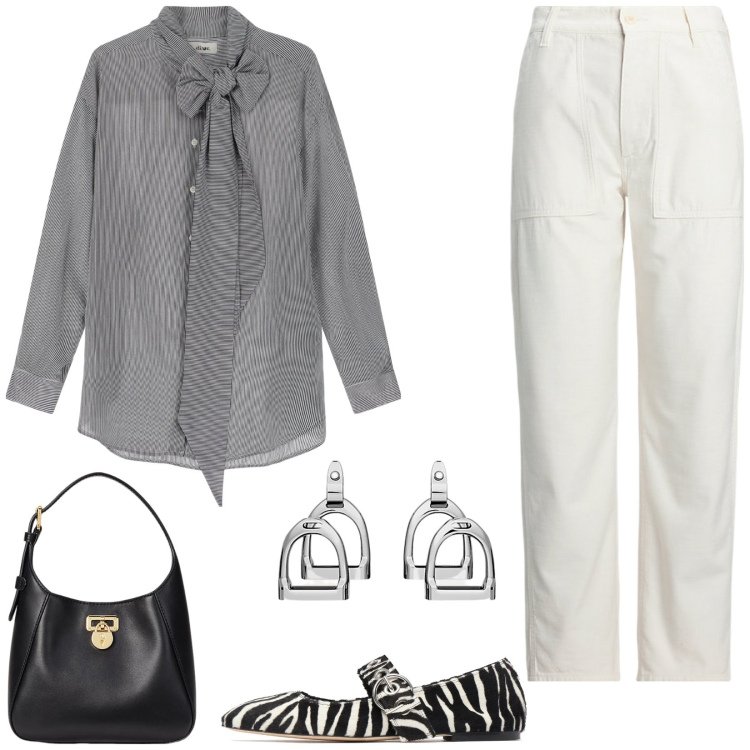 Outfit donna - Grigio e panna. Stile Casual chic per Tutti i giorni. Abbinamento con camicie, orecchini, pantaloni, borse a tracolla, ballerine.