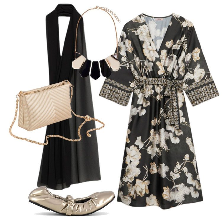 Outfit donna - Serata un po\' romantica un po\' etnica. Stile Romantica per Cerimonia. Abbinamento con ballerine, vestiti midi/longuette, collane, stole, borse a tracolla.