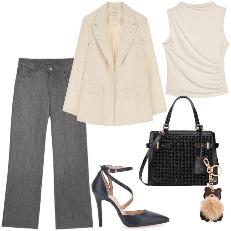 Outfit donna - Night Out. Stile Chic per Serata fuori. Abbinamento con blazer, décolleté, jeans, portachiavi, borse a mano, top.