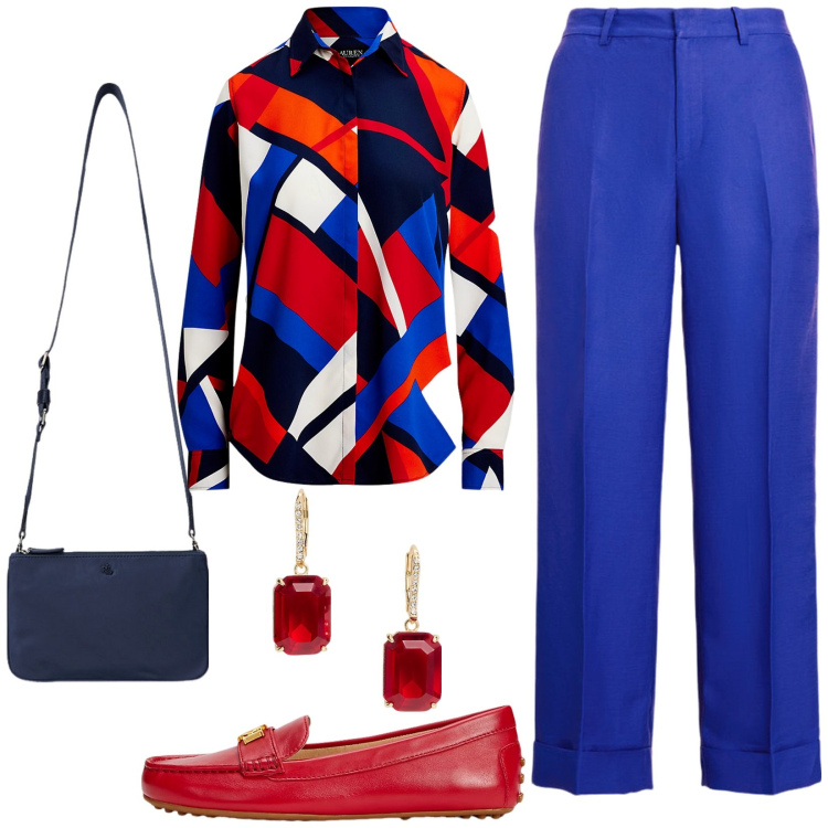 Outfit donna - Riunione di lavoro fra creativi. Stile Casual chic per Tutti i giorni. Abbinamento con mocassini, borse a tracolla, camicie, orecchini, pantaloni.