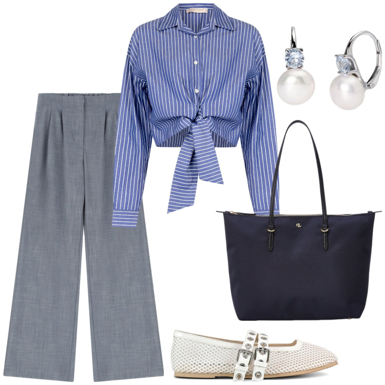 Outfit donna - Lunedì mattina. Stile Casual chic per Ufficio. Abbinamento con orecchini, camicie, pantaloni, borse tote, ballerine.