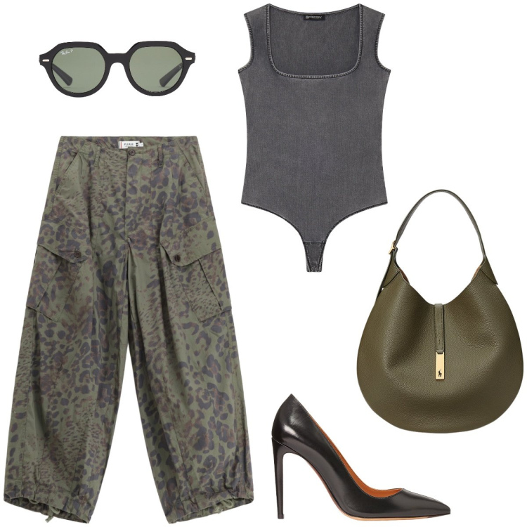 Outfit donna - Military - grey. Stile Casual chic per Serata fuori. Abbinamento con pantaloni cargo, body, décolleté, borse a spalla, occhiali da sole.
