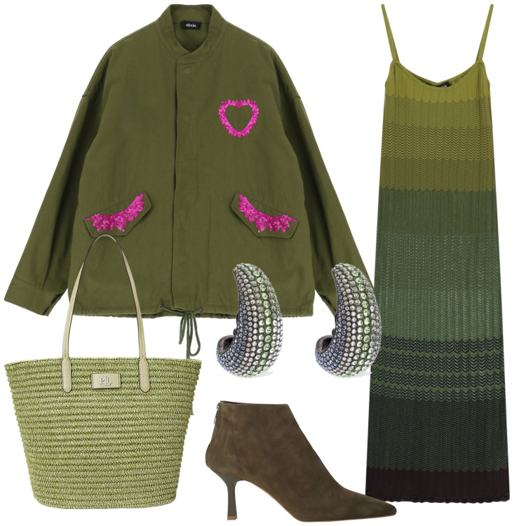 Outfit donna - Green dinner. Stile Glamour per Serata fuori. Abbinamento con cappotti, vestiti lunghi, stivaletti, borse tote, orecchini.