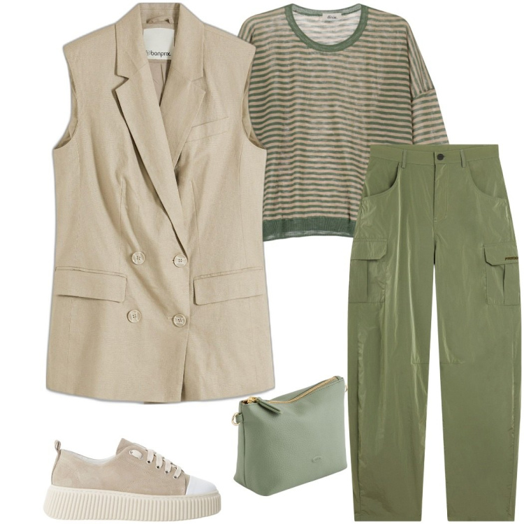 Outfit donna - Utility soft. Stile Urban per Ufficio. Abbinamento con gilet, pantaloni cargo, sneakers, maglieria, portafogli.