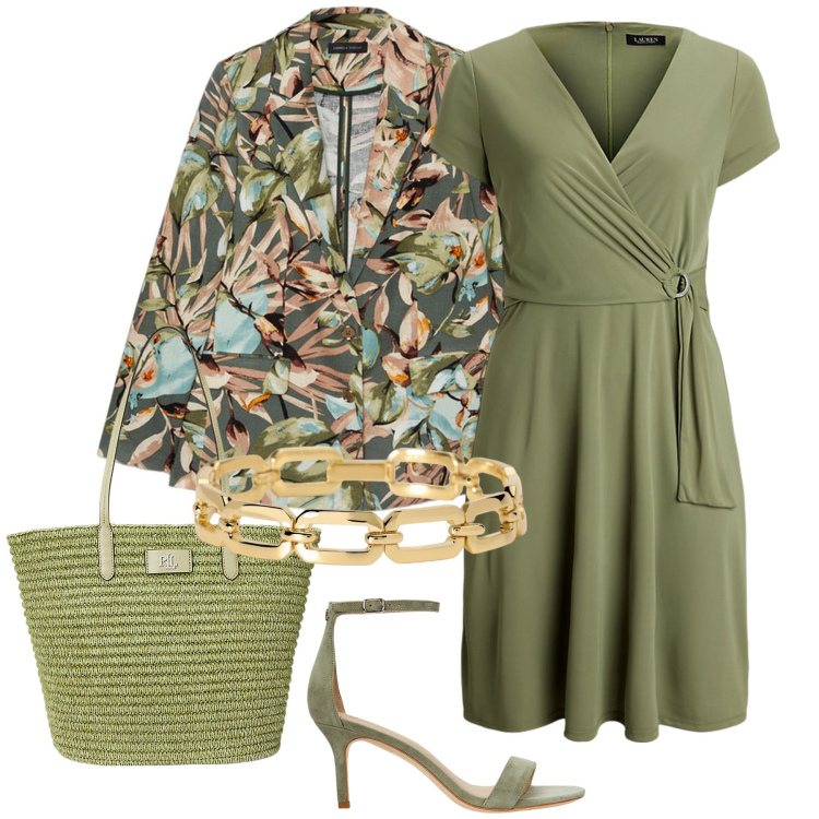 Outfit donna - Casual in verde estivo. Stile Casual per Tutti i giorni. Abbinamento con braccialetti, vestiti midi/longuette, sandali in pelle, borse tote, blazer.