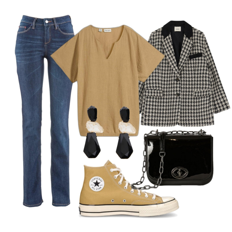 Outfit donna - La giacca a quadri. Stile Casual per Tutti i giorni. Abbinamento con jeans dritti, bluse, blazer, orecchini, sneakers, borse a tracolla.