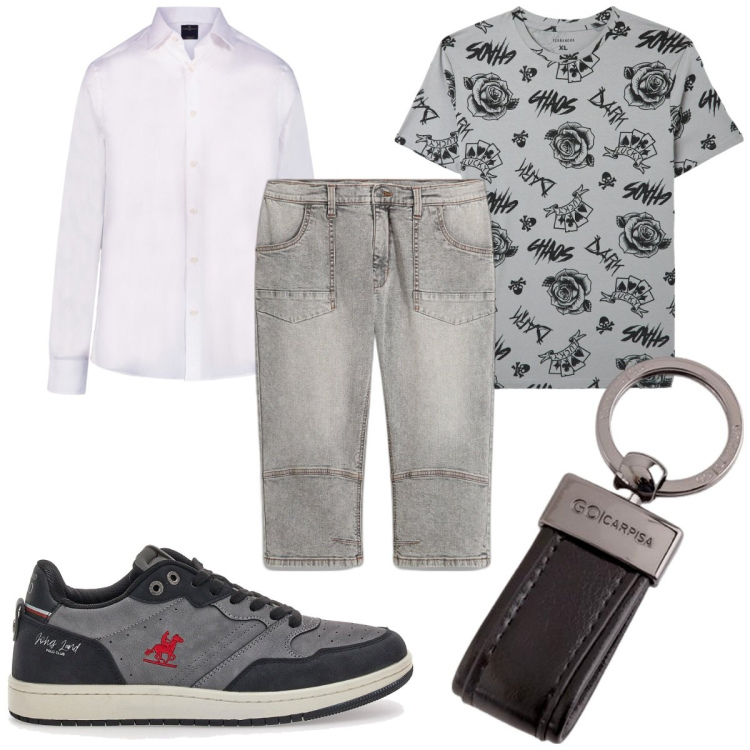 Outfit uomo - Total look #2105578. Stile Trendy per Tutti i giorni. Abbinamento con jeans dritti, t-shirt, camicie, sneakers, portachiavi.