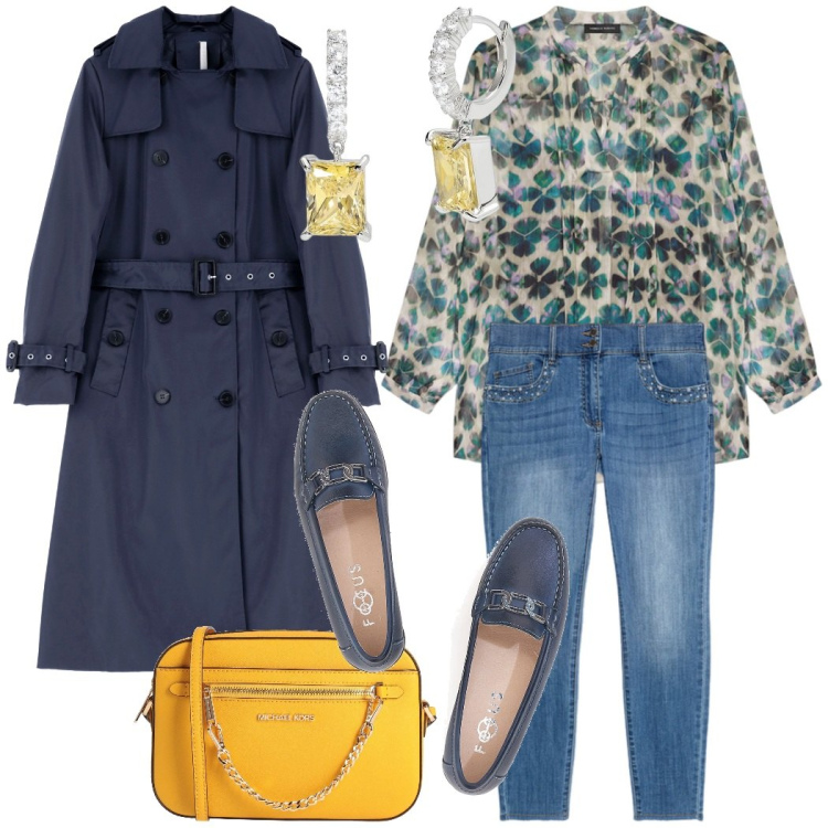 Outfit donna - Urban style. Stile Casual chic per Ufficio. Abbinamento con borse a tracolla, orecchini, trench, mocassini, bluse, jeans skinny.