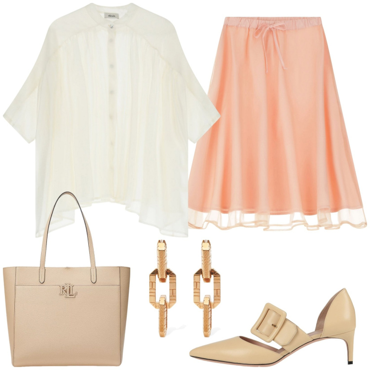 Outfit donna - Gonna pesca. Stile Bon Ton per Tutti i giorni. Abbinamento con décolleté, gonne longuette, camicie, borse tote, orecchini.