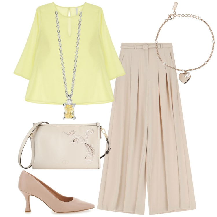 Outfit donna - Total look #2105604. Stile Casual chic per Cerimonia. Abbinamento con collane, braccialetti con ciondoli, bluse, pantaloni, décolleté, borse a tracolla.
