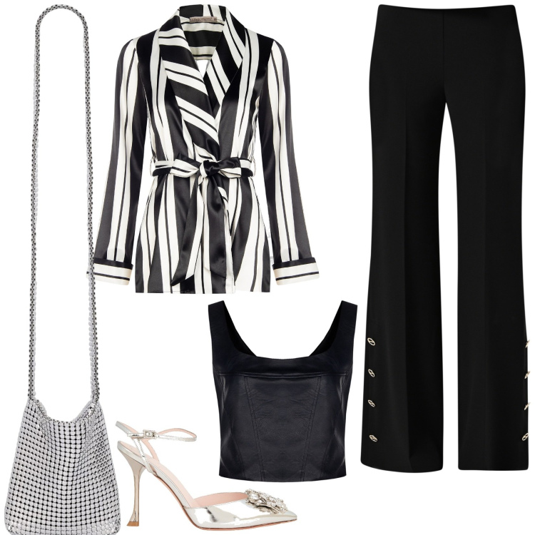Outfit donna - Black and silver. Stile Glamour per Serata fuori. Abbinamento con décolleté, top, pantaloni a palazzo, blazer, borse a spalla.