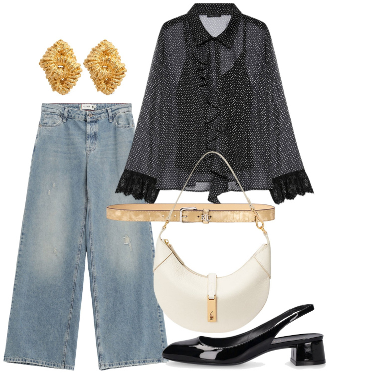 Outfit donna - Petits pois. Stile Casual chic per Serata fuori. Abbinamento con jeans, borse a spalla, cinture, camicie, décolleté, orecchini.