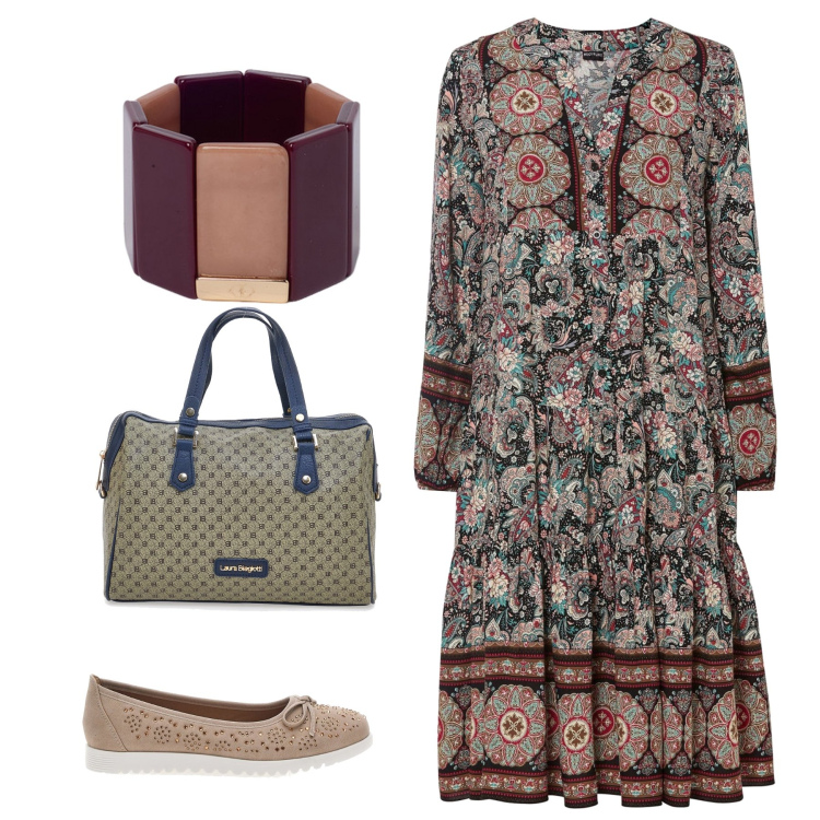 Outfit donna - Etnico. Stile Etnico per Tutti i giorni. Abbinamento con vestiti, borse a spalla, ballerine, braccialetti.