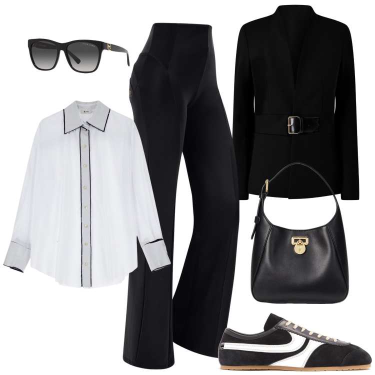 Outfit donna - City. Stile Sporty chic per Tutti i giorni. Abbinamento con blazer, pantaloni, camicie, borse a tracolla, occhiali da sole, sneakers.