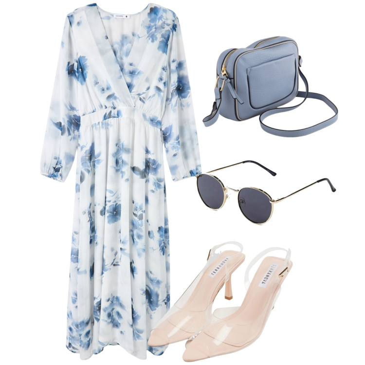Outfit donna - Flowers day. Stile Chic per Tutti i giorni. Abbinamento con occhiali da sole, sandali col tacco, vestiti lunghi, borse a tracolla.
