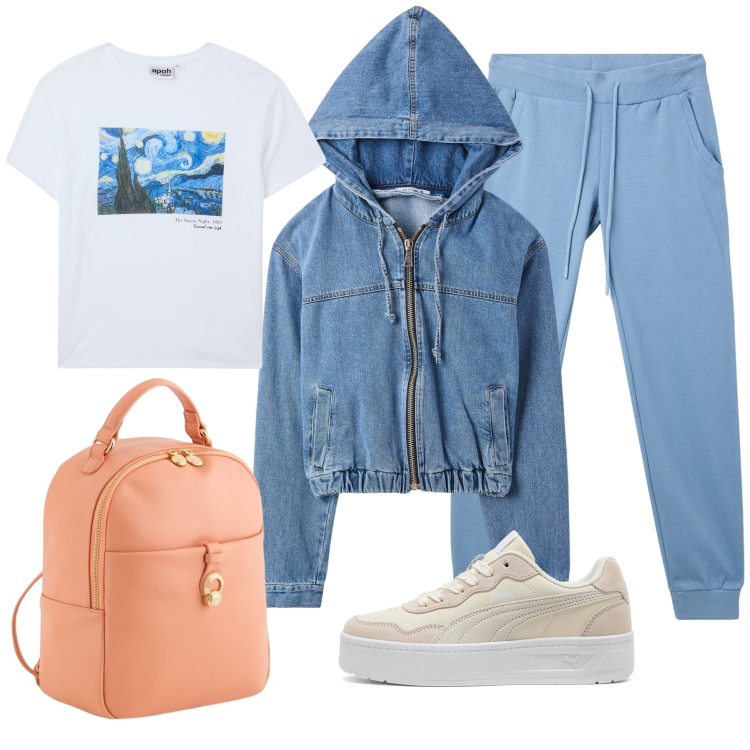 Outfit donna - Giacca denim cappuccio. Stile Casual per Tutti i giorni. Abbinamento con pantaloni, blazer, t-shirt, sneakers, zaini.