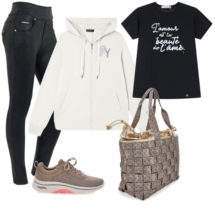 Outfit donna - Per lo sport. Stile Sporty chic per Sport. Abbinamento con t-shirt, jeans skinny, felpe con cappuccio, sneakers, borse a spalla.