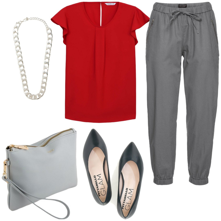 Outfit donna - In rosso a scuola. Stile Casual per Scuola/Università. Abbinamento con pantaloni, bluse, collane, ballerine, pochette.
