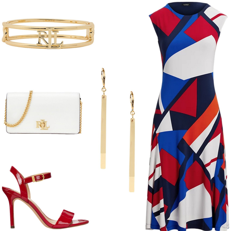 Outfit donna - Serata con le amiche. Stile Glamour per Serata fuori. Abbinamento con sandali col tacco, orecchini, braccialetti, vestiti, borse a mano.