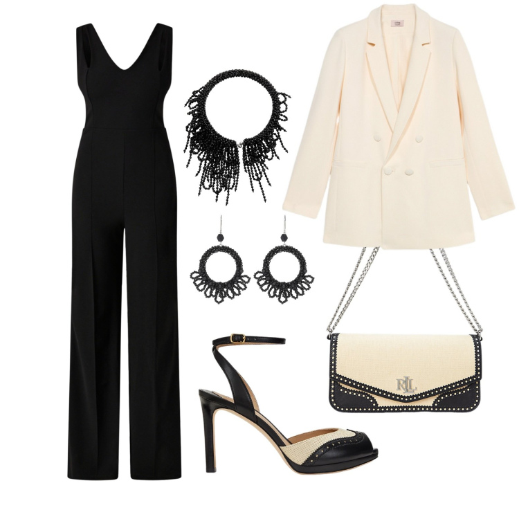 Outfit donna - Tuta nera. Stile Chic per Serata fuori. Abbinamento con tute, borse a spalla, sandali in pelle, orecchini, collane, blazer.