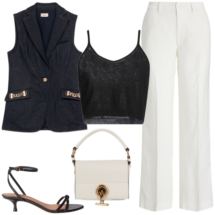 Outfit donna - Serata glamour. Stile Glamour per Serata fuori. Abbinamento con borse a mano, top, sandali in pelle, pantaloni, gilet.