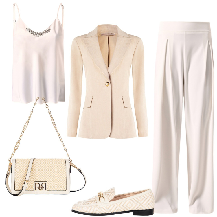 Outfit donna - Eleganza e comodità per una cerimonia. Stile Minimal per Cerimonia. Abbinamento con pantaloni a palazzo, borse a tracolla, top, blazer, mocassini.