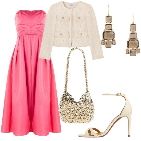 Outfit donna - Matrimonio in vista. Stile Glamour per Cerimonia. Abbinamento con borse a mano, vestiti midi/longuette, sandali col tacco, orecchini, blazer.