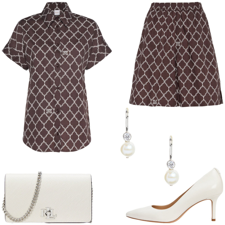 Outfit donna - Perfetta per l\' aperitivo. Stile Chic per Serata fuori. Abbinamento con décolleté, orecchini, borse a tracolla, shorts, camicie.