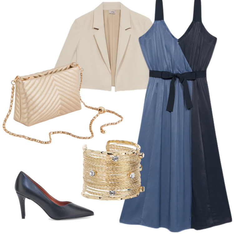 Outfit donna - Oro blu e nero. Stile Chic per Cerimonia. Abbinamento con braccialetti, décolleté, borse a tracolla, blazer, vestiti.